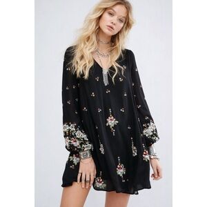 Free People Black with Floral Embroidery Oxford Swing Dress-size XS